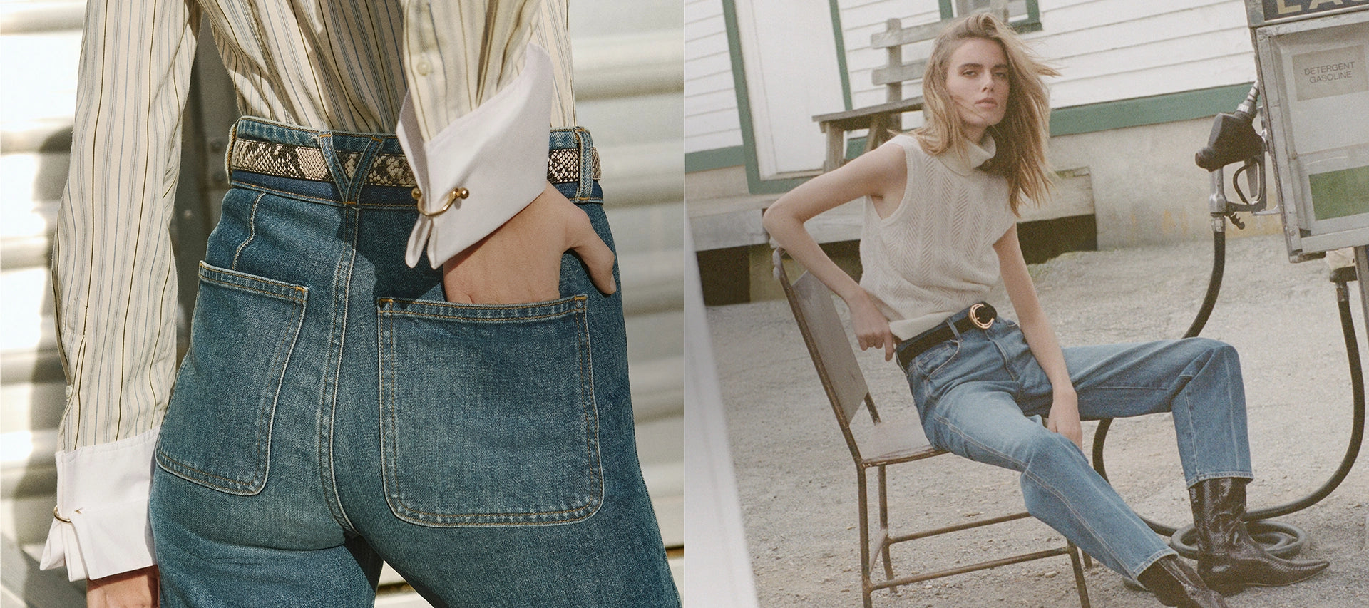 A close-up of a person's hand in the back pocket of their jeans is juxtaposed with a woman sitting on a chair at a gas station.