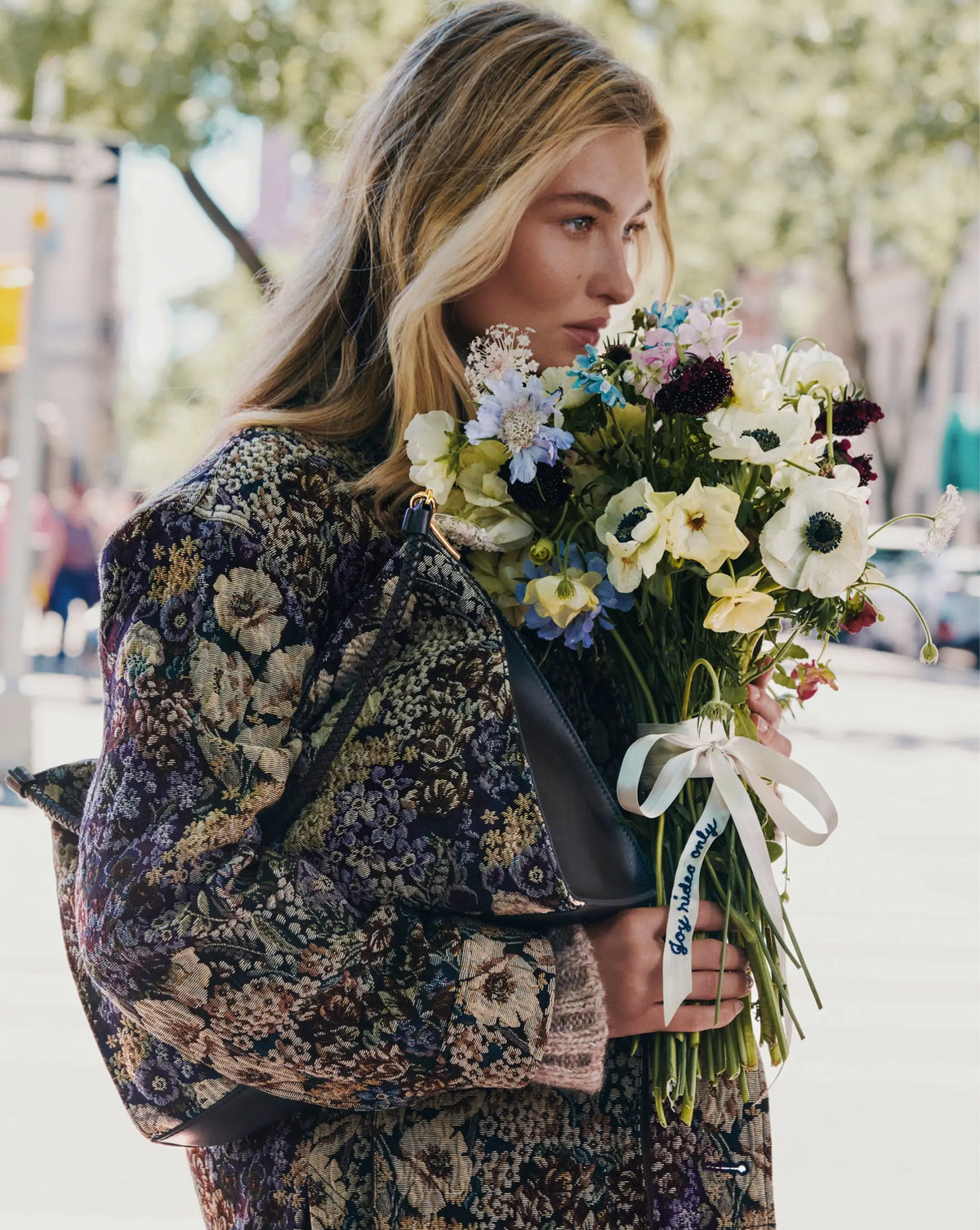 Veronica Beard Floral tapestry jacket with brown collar and buttons.