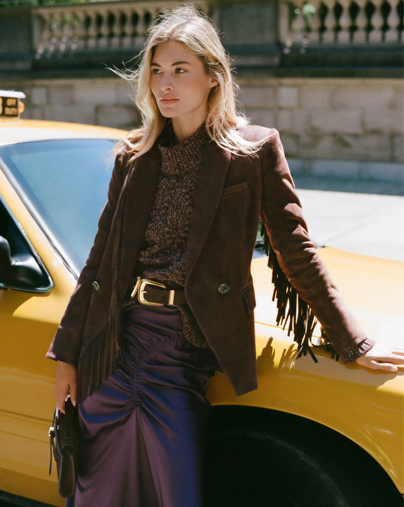 Veronica Beard Brown suede blazer with fringe detail.
