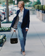 Veronica Beard Navy blazer, single-breasted, gold buttons, tailored fit.