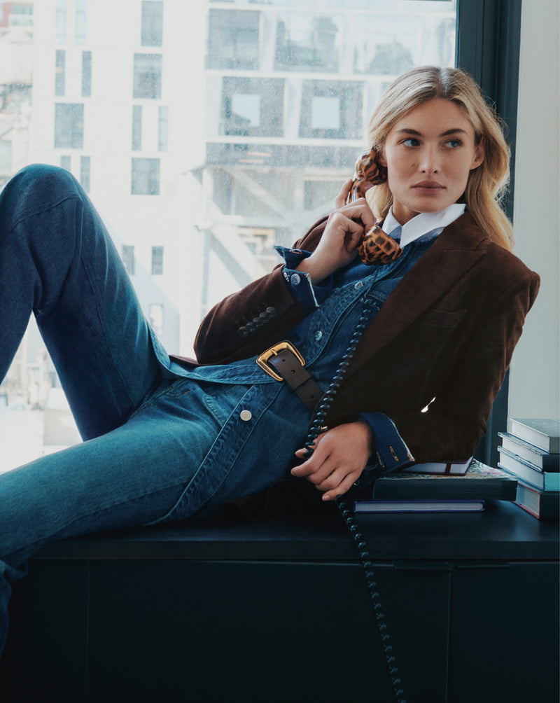 Veronica Beard Brown suede blazer with gold buttons.