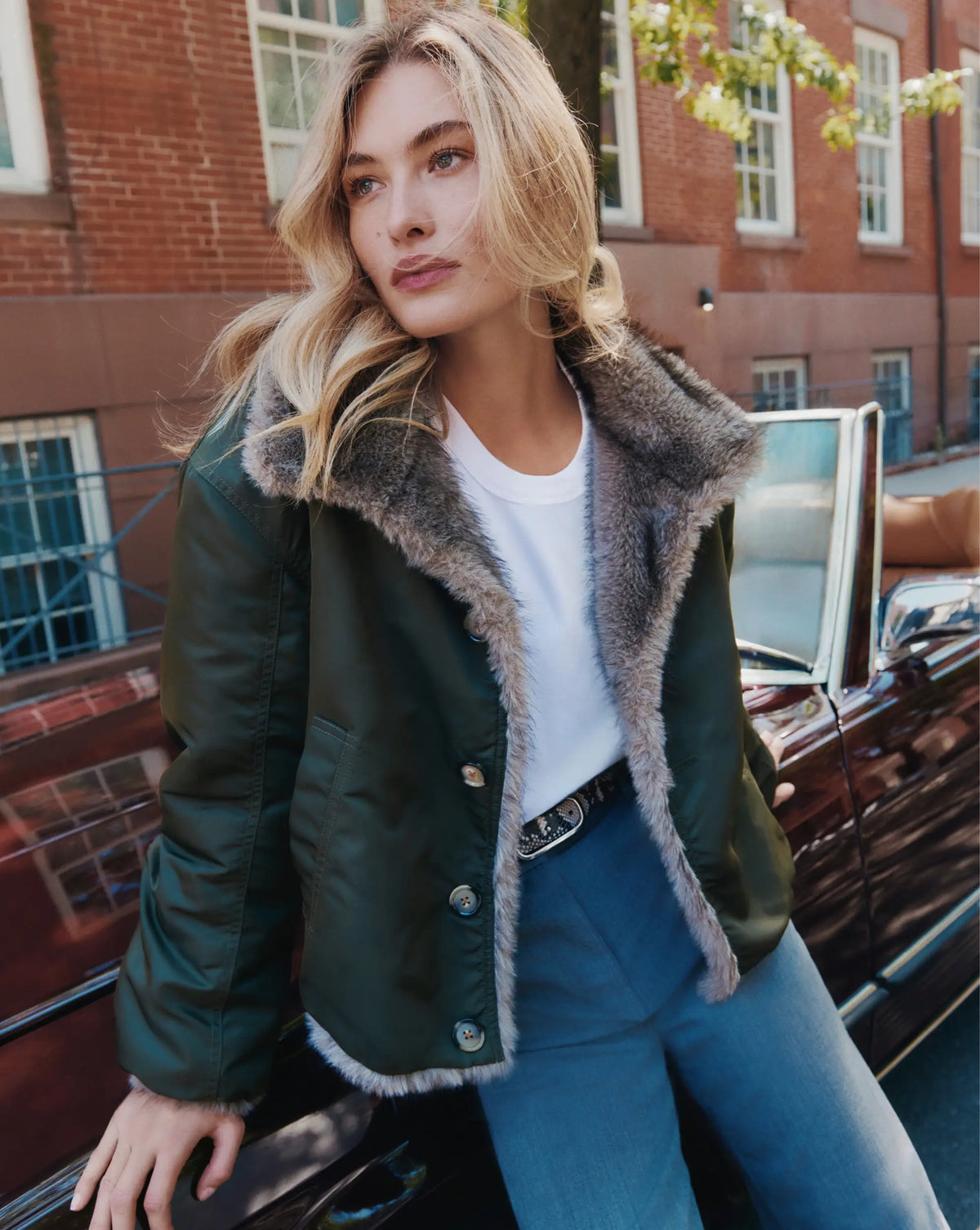 Veronica Beard Brown faux fur jacket with high collar.