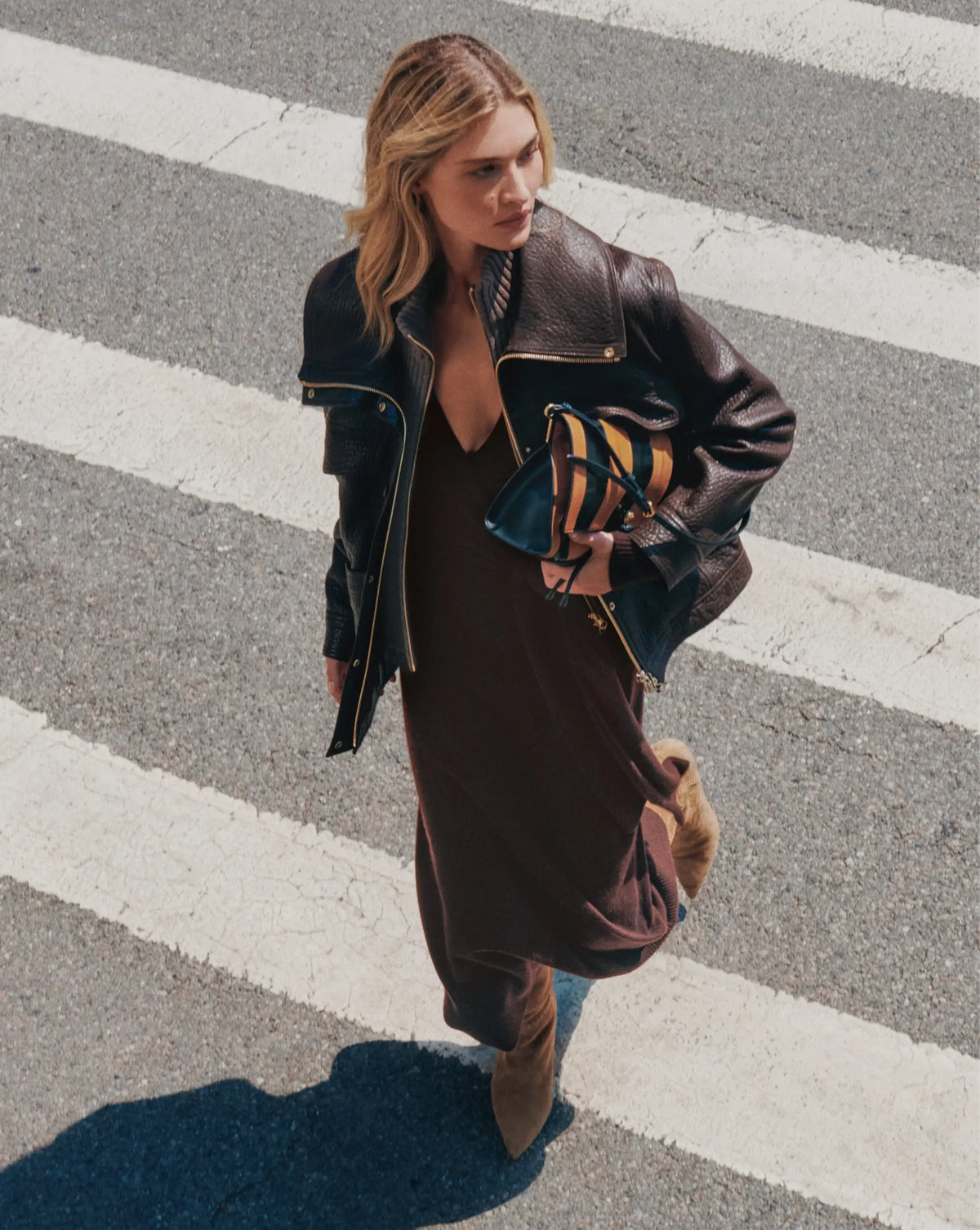 Veronica Beard Brown textured leather jacket with large collar.