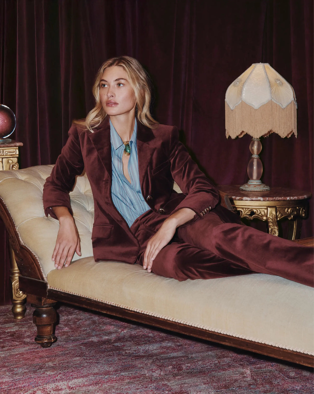 Veronica Beard Brown velvet blazer with gold buttons.