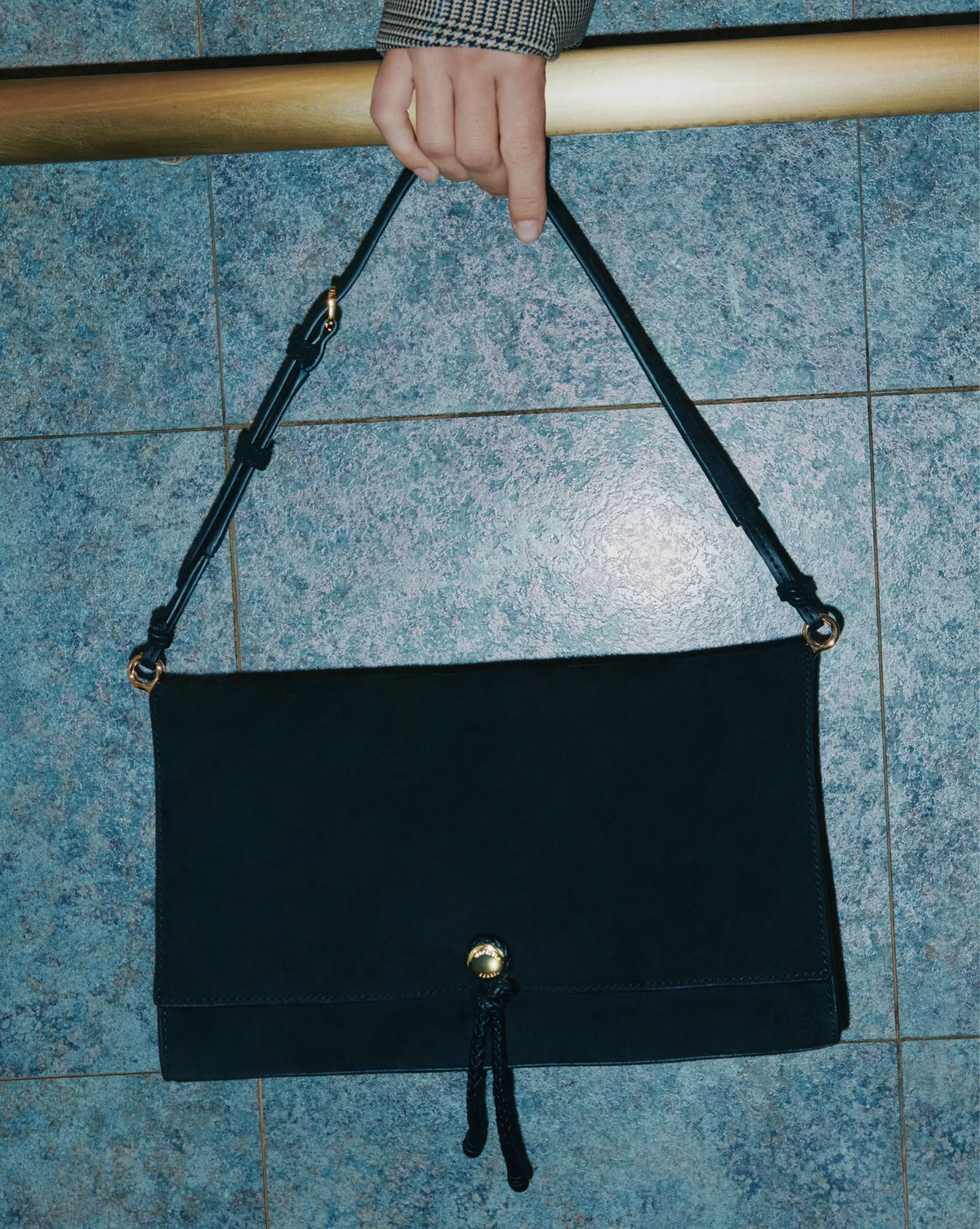 Veronica Beard Black suede shoulder bag with gold hardware.
