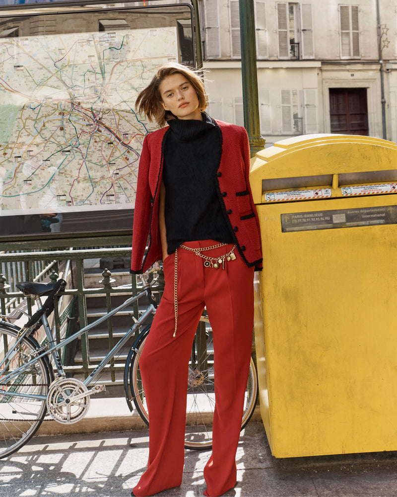 Veronica Beard Red high-waisted wide-leg trousers.
