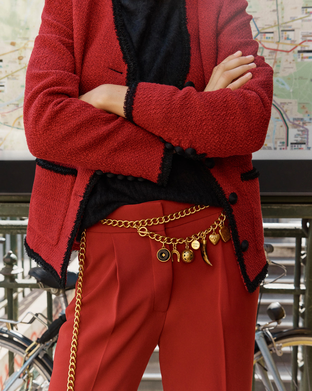Veronica Beard Red high-waisted wide-leg trousers.