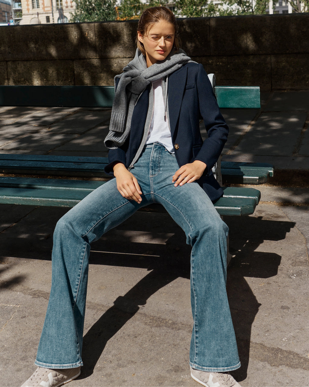 Veronica Beard Blue denim flared jeans with high-rise waist.