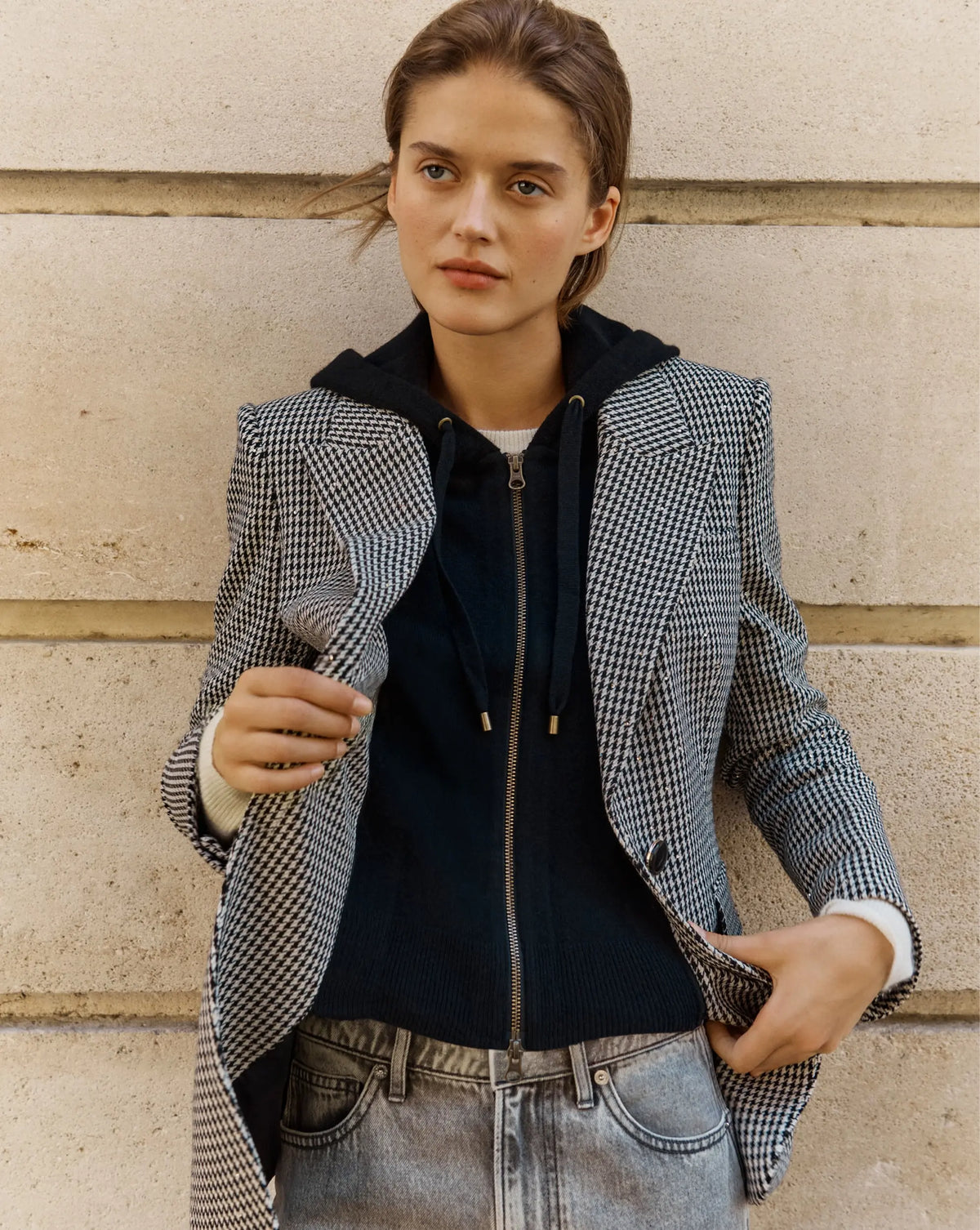 Veronica Beard Black and white houndstooth sequin blazer.