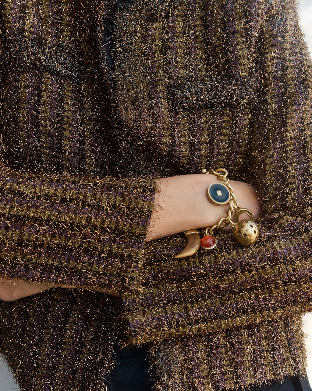 Veronica Beard Metallic tweed jacket in bronze, black, and purple.