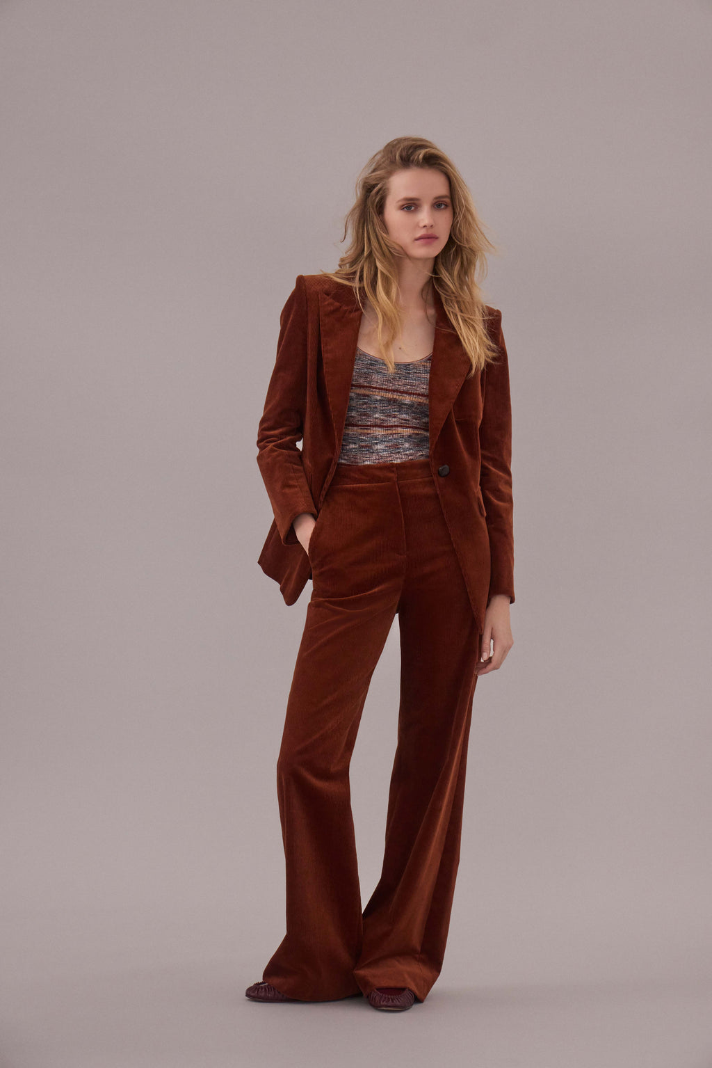 Veronica Beard Brown corduroy blazer with single button closure.