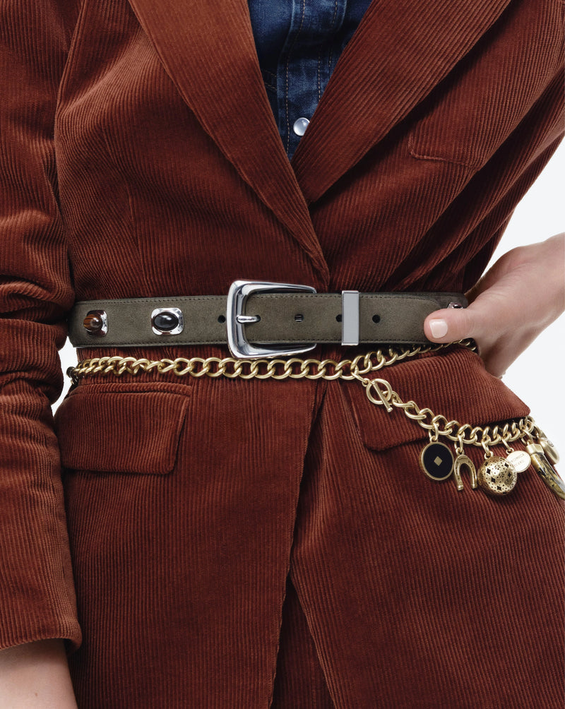 Veronica Beard Olive suede belt with silver buckle and brown studs.