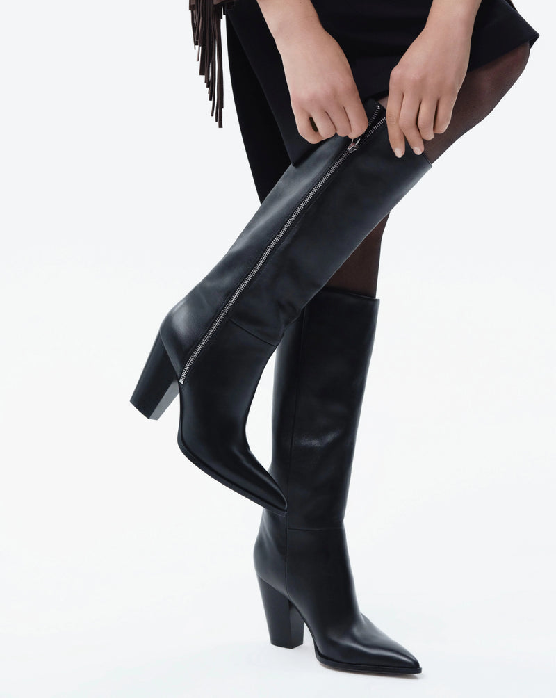 Veronica Beard Black leather knee-high boot with pointed toe and block heel.