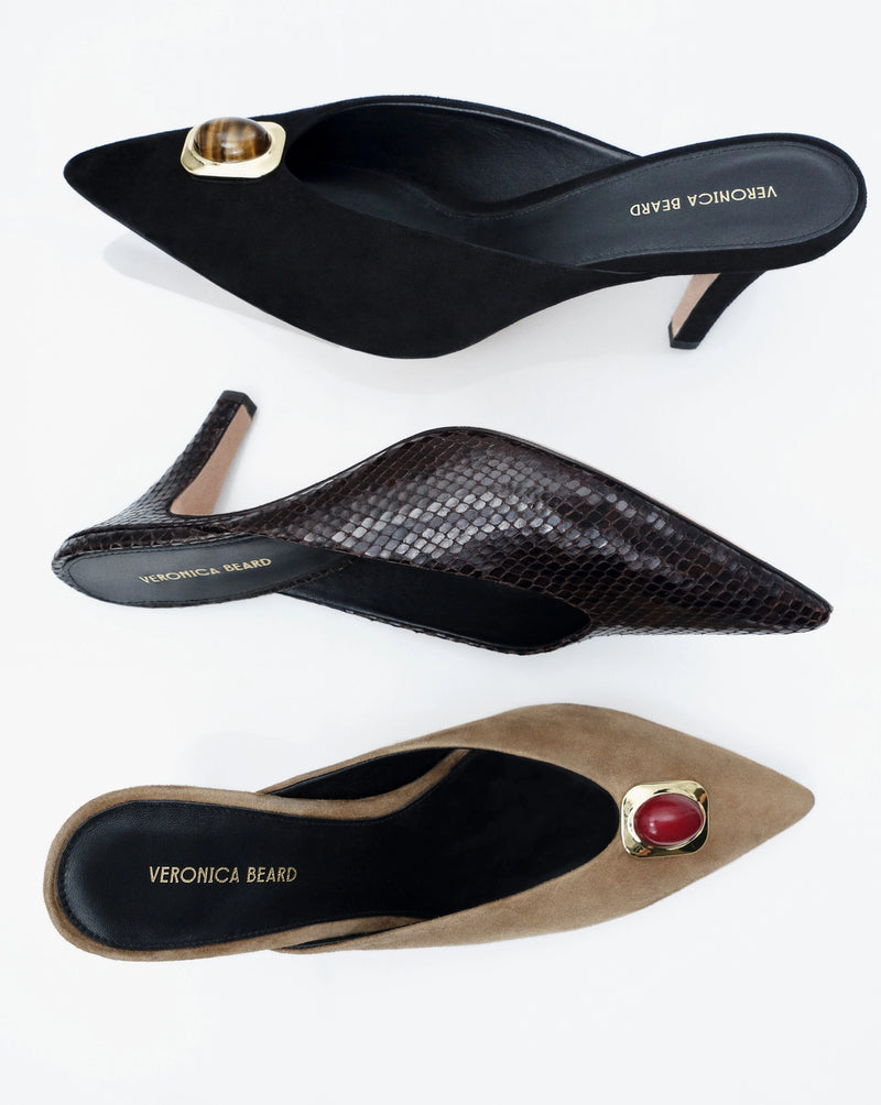 Veronica Beard Black suede mule with tortoise shell buckle.