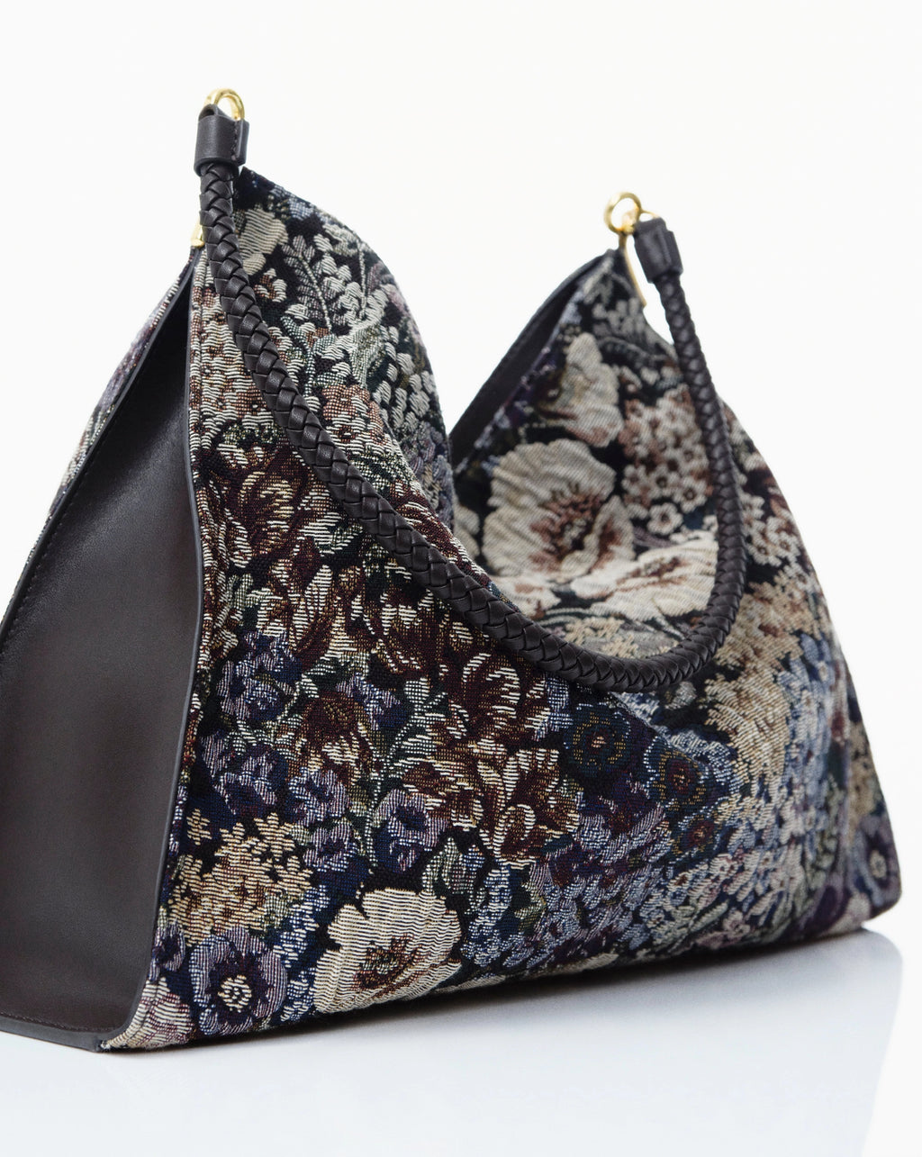 Veronica Beard Floral tapestry fabric shoulder bag with brown strap.