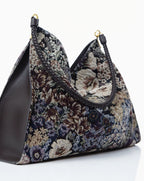 Veronica Beard Floral tapestry fabric shoulder bag with brown strap.