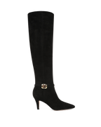Veronica Beard Black suede knee-high boot with gold buckle detail.
