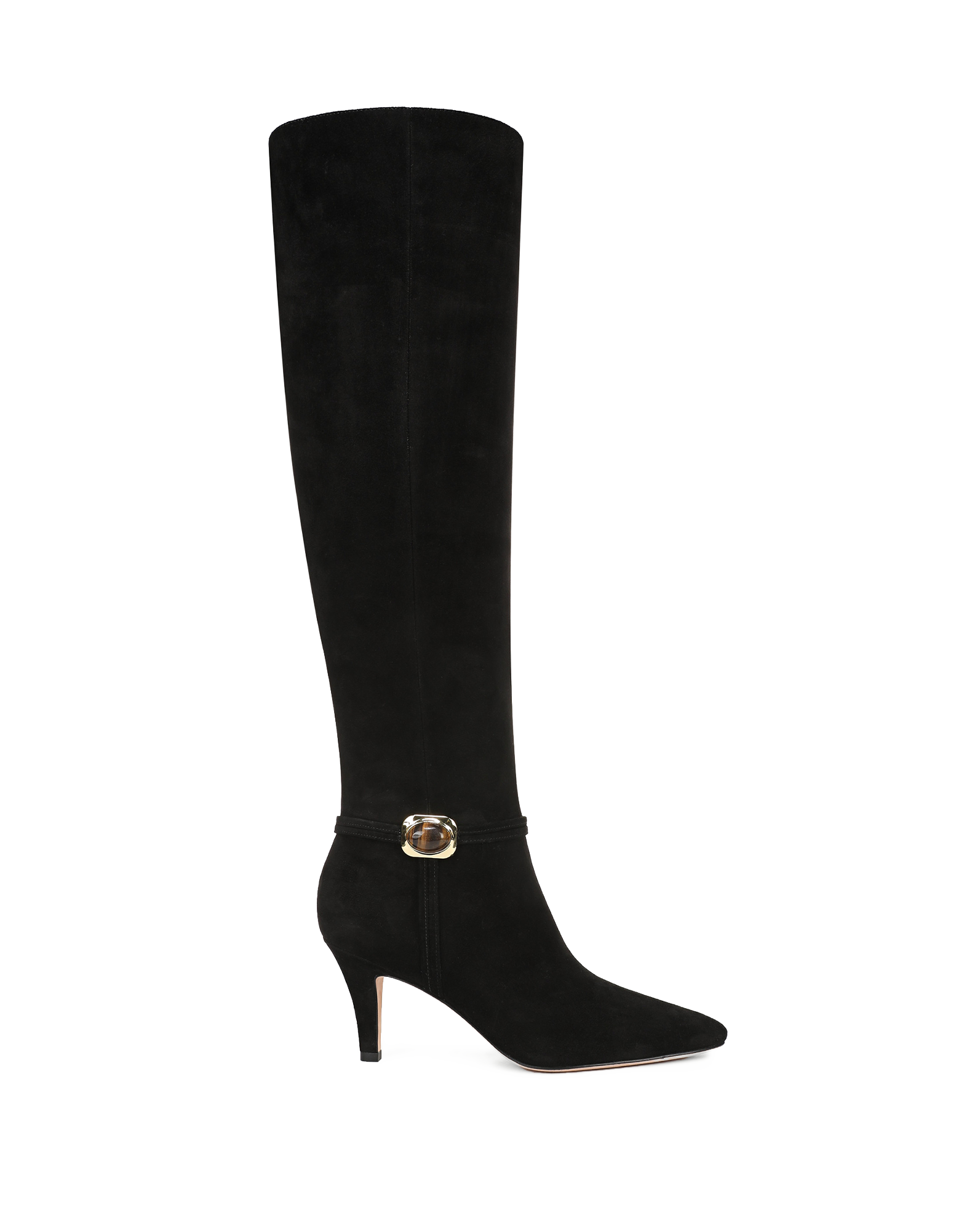 Veronica Beard Black suede knee-high boot with gold buckle detail.