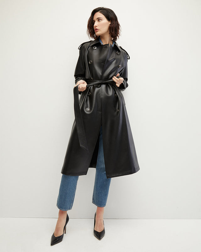 Conneley Vegan Leather Dickey Trench Coat - Black - 1