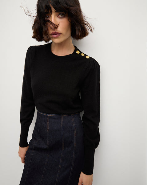 Nelia Cashmere Pullover | Button Accent in Black | Veronica Beard