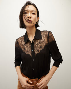 Greer Lace Button-Down Top - Black