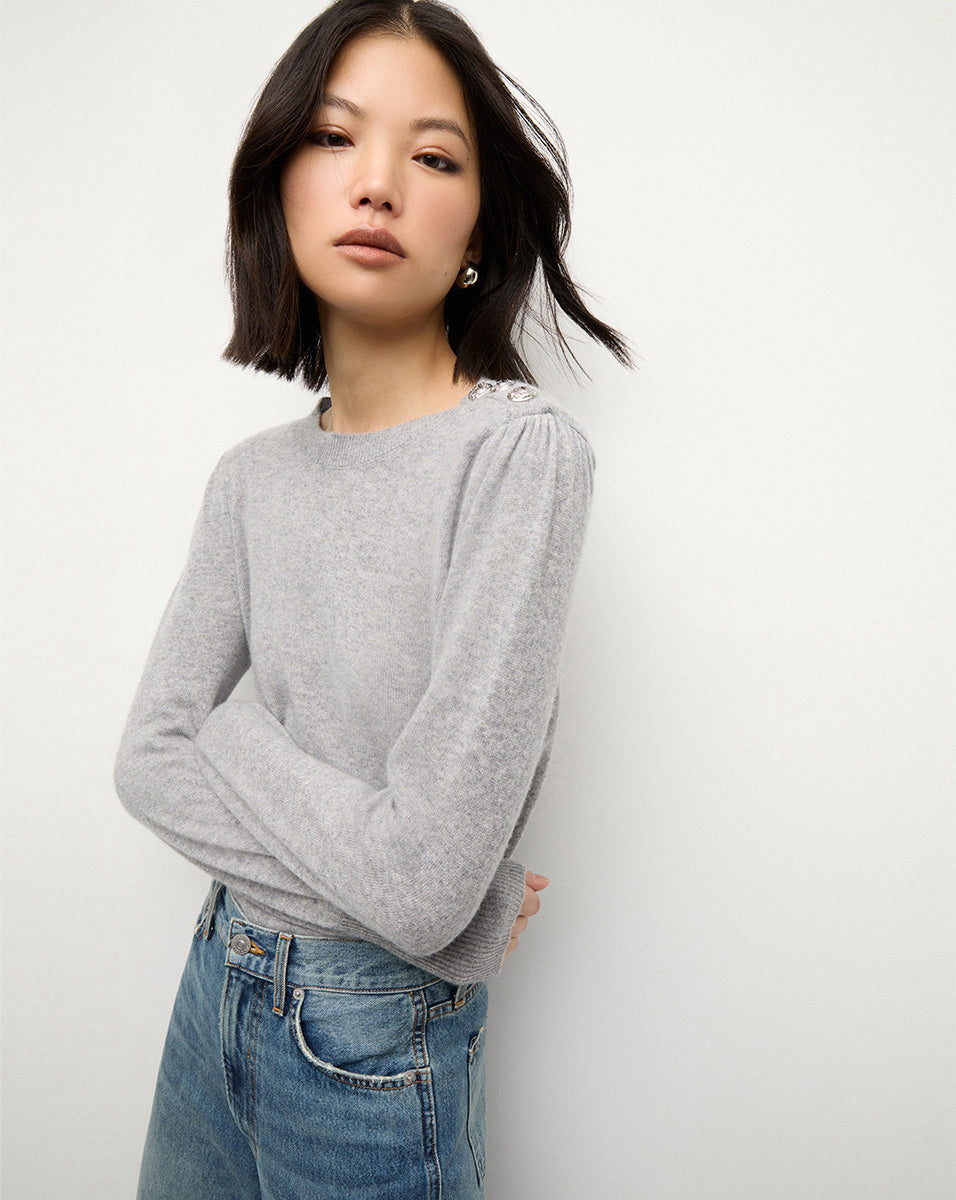 
Nelia Cashmere Pullover | Button Accent - Heather Grey