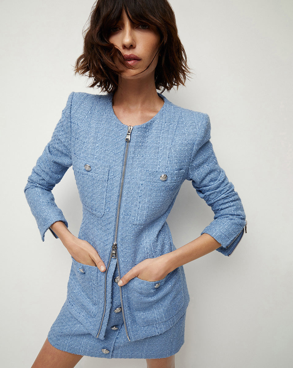 Agni Blue Tweed Two-Way Zip Dickey Jacket | Veronica Beard