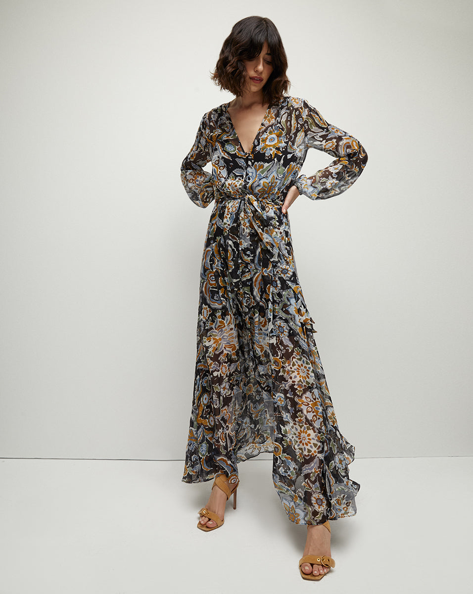 Elvita Brushstroke V-Neck Paisley Maxi Dress | Veronica Beard