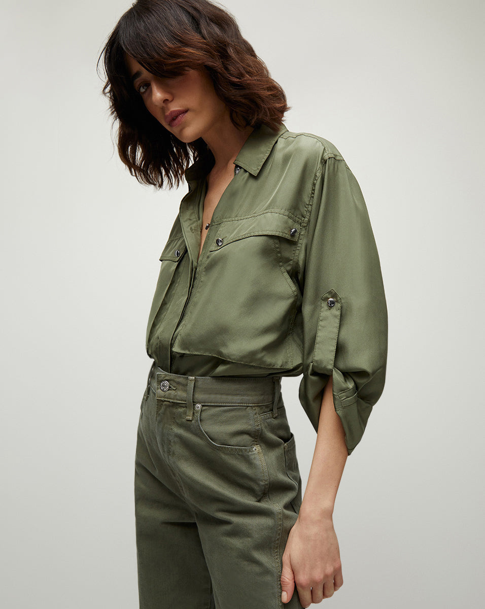 Jada Army Green Silk Button-Down Blouse | Veronica Beard