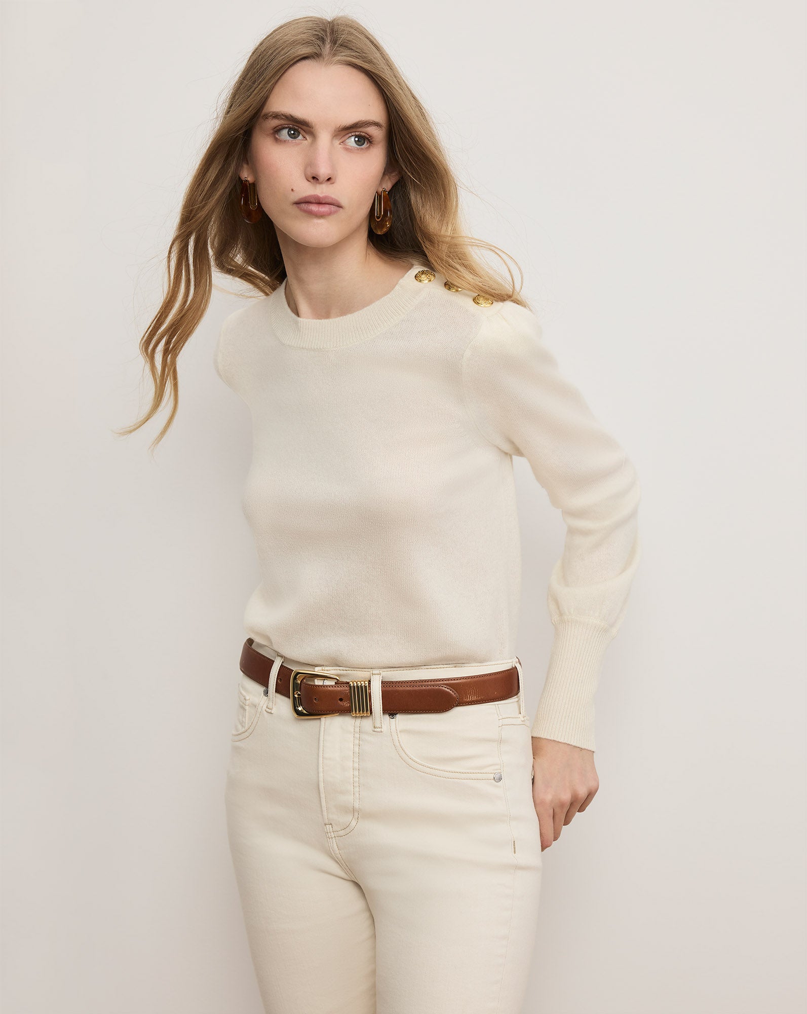 Nelia Cashmere Pullover | Button Accent in Ivory | Veronica Beard