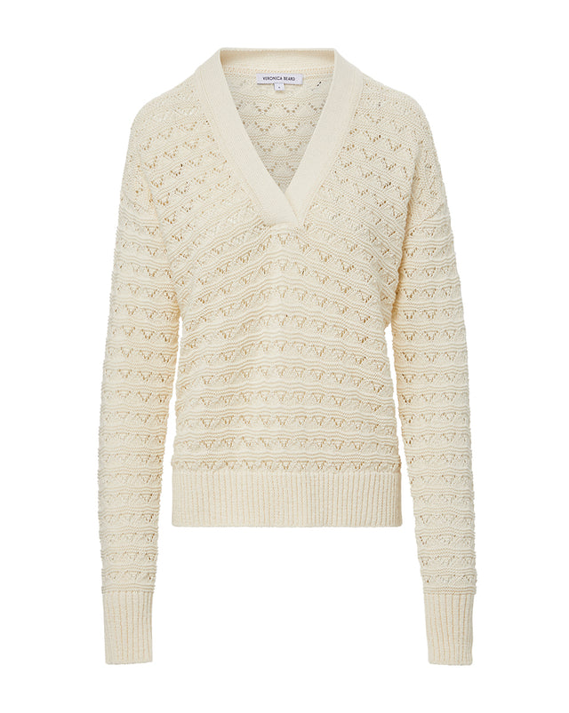 V-Neck Pointelle Knit Sweater in Cream - Retro, Indie and Unique
