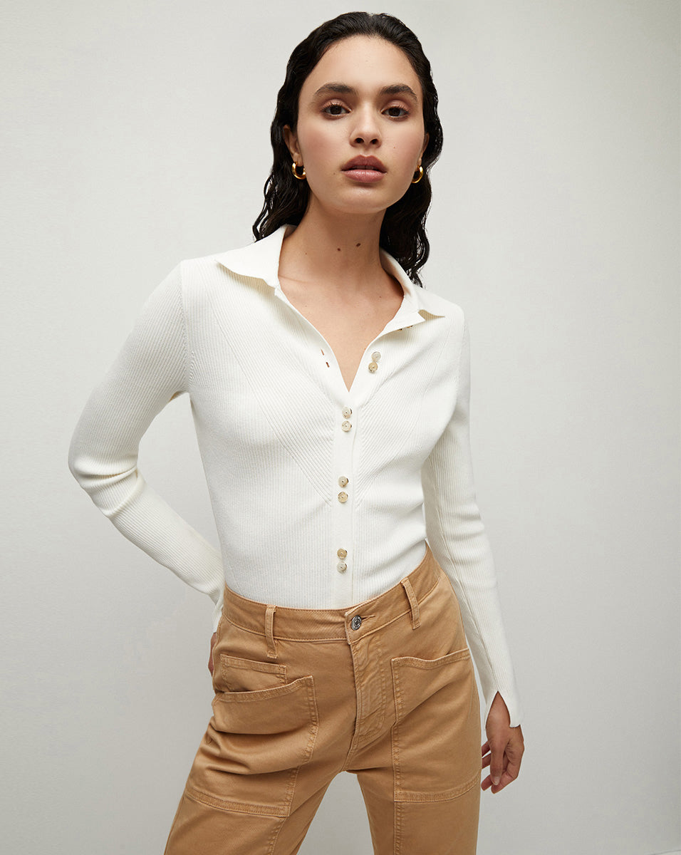 Aviva Polo-Collar Ribbed Cardigan | Veronica Beard