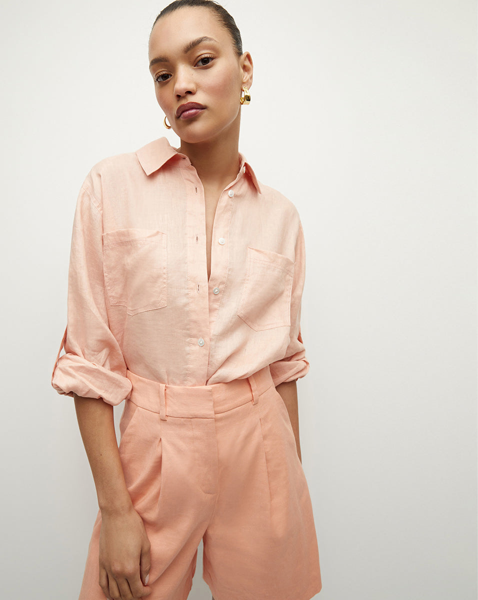 Gil Oversized Coral Button-Down Linen Shirt | Veronica Beard