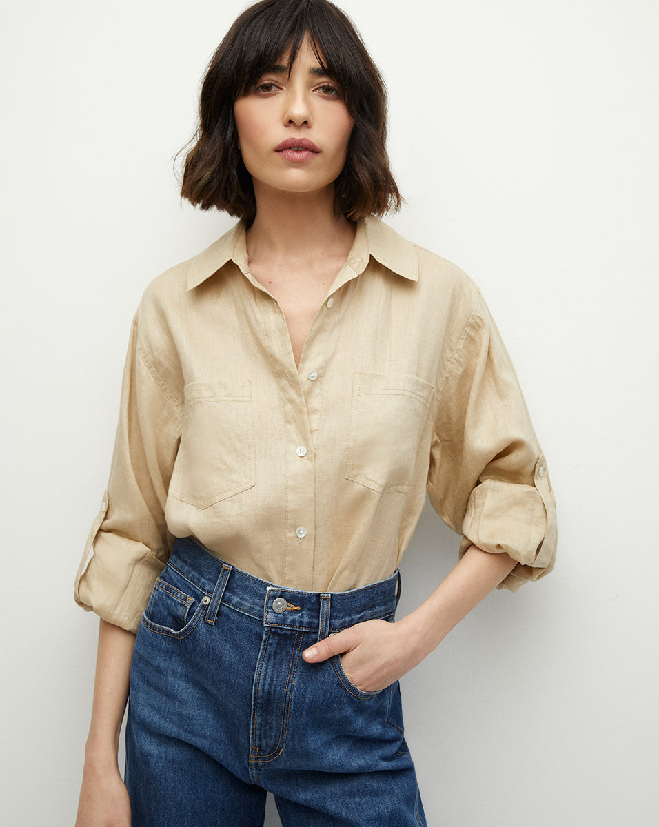 Gil Khaki Linen Button-Down Shirt | Veronica Beard