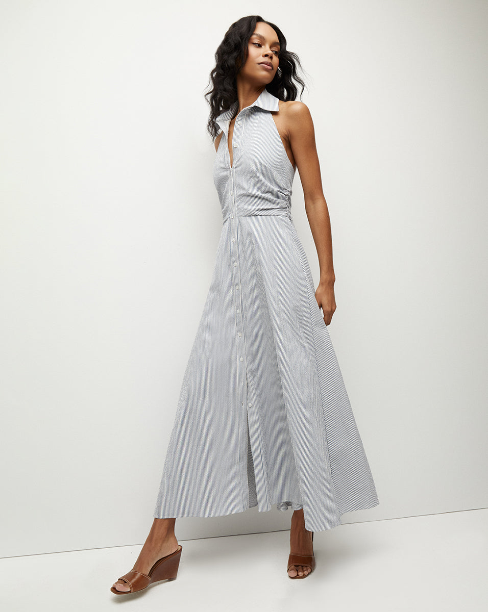 Mackey Seersucker Halter Dress in Blue/White | Veronica Beard