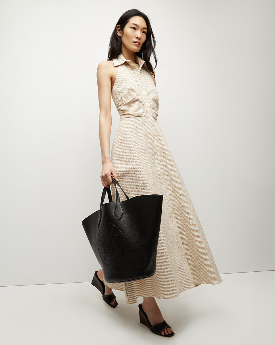 Mackey Seersucker Halter Dress in Khaki/White | Veronica Beard