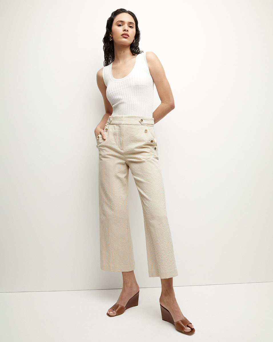 Hunter Seersucker Pant in Khaki/White | Veronica Beard