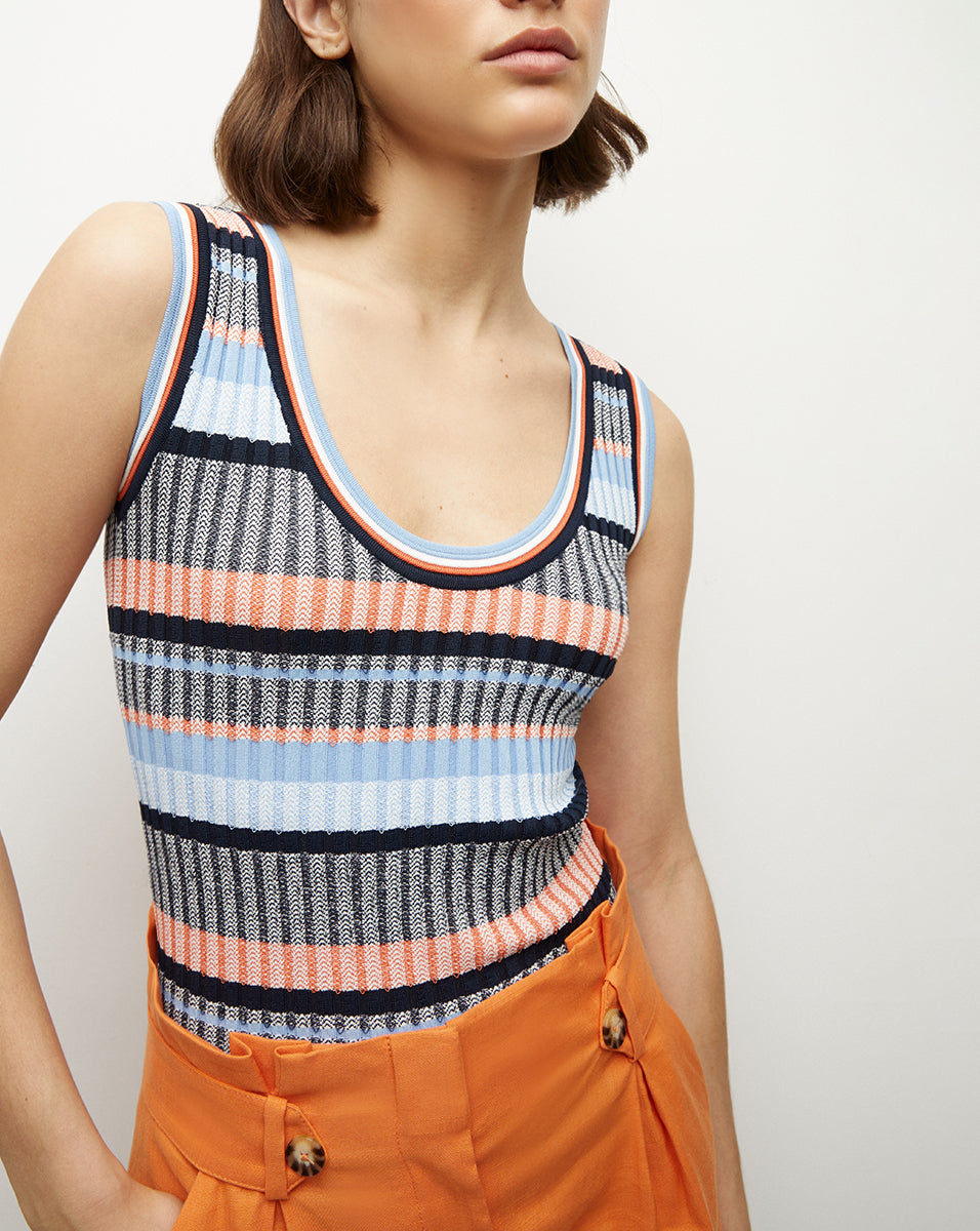 Sandra Ribbed Tank in Blue Multi | Veronica Beard