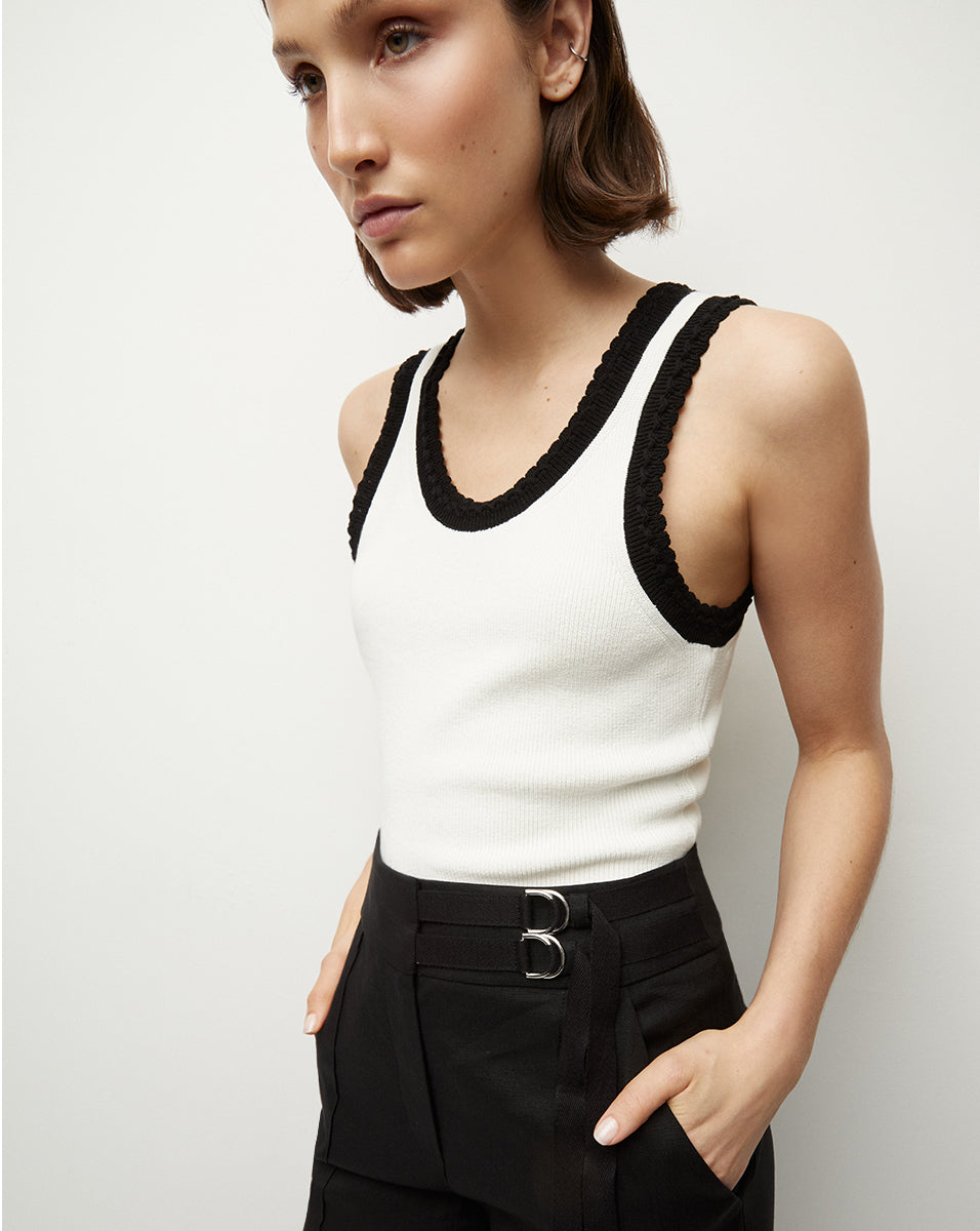 Sandra Ribbed Tank in Ivory/Black | Veronica Beard