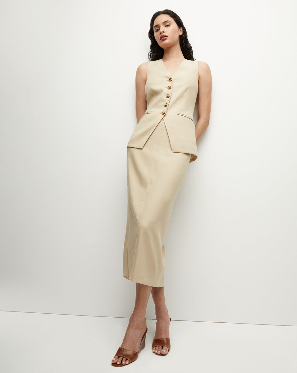 Kimpton Stretch-Linen Skirt in Stone Khaki | Veronica Beard