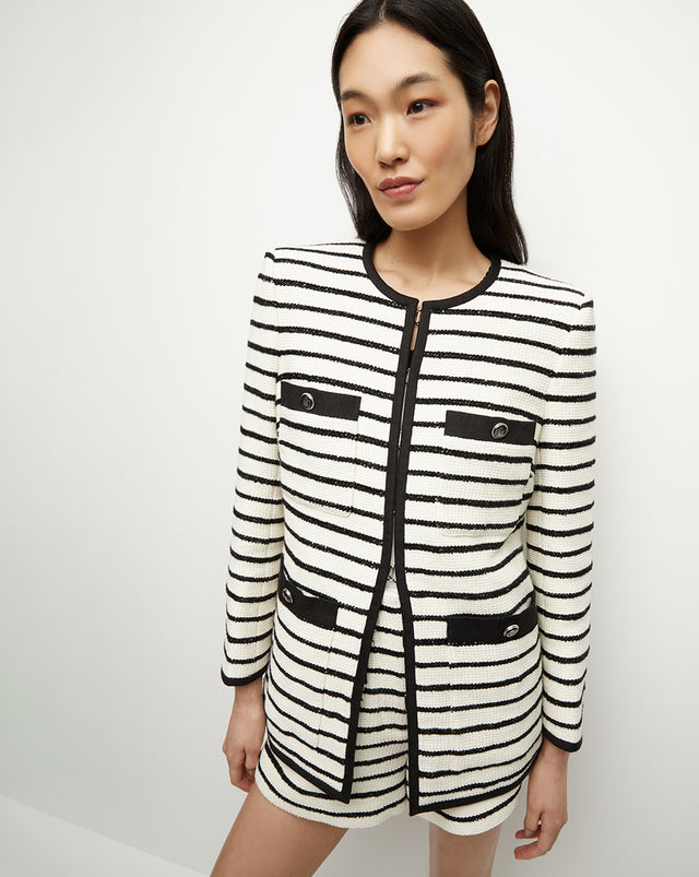 {{ outfit:2406-foster-jacket-ivory-black }} ## Foster Striped Dickey Jacket