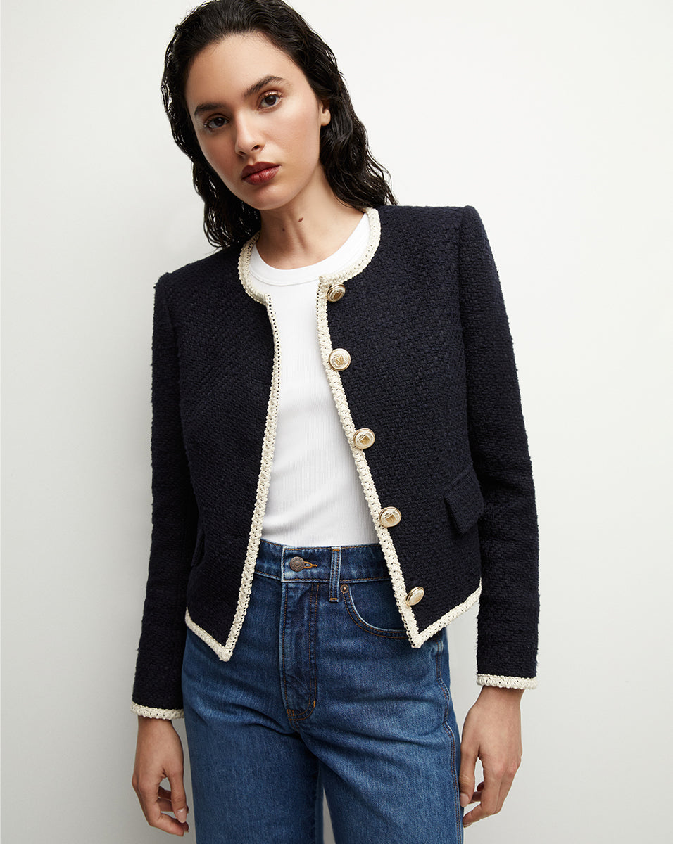 Mabel Collarless Tweed Jacket in Navy | Veronica Beard