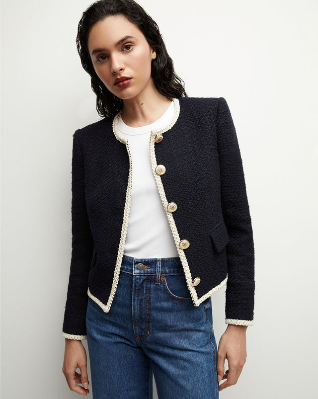{{ outfit: 2407-mabel-jacket-navy }} ## Mabel Collarless Tweed Jacket