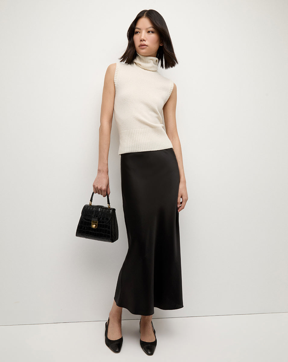 Clover Stretch Silk Midi Skirt in Black | Veronica Beard