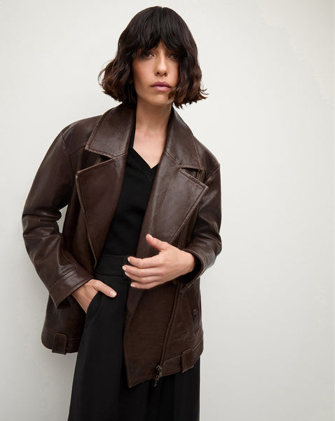 Thandie Leather Dickey Jacket in Dark Brown | Veronica Beard