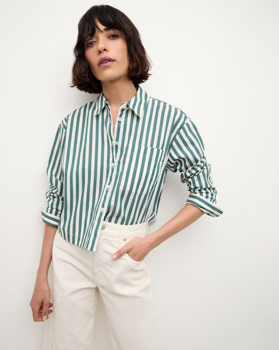 Maia Cropped Striped Shirt in Green & White | Veronica Beard