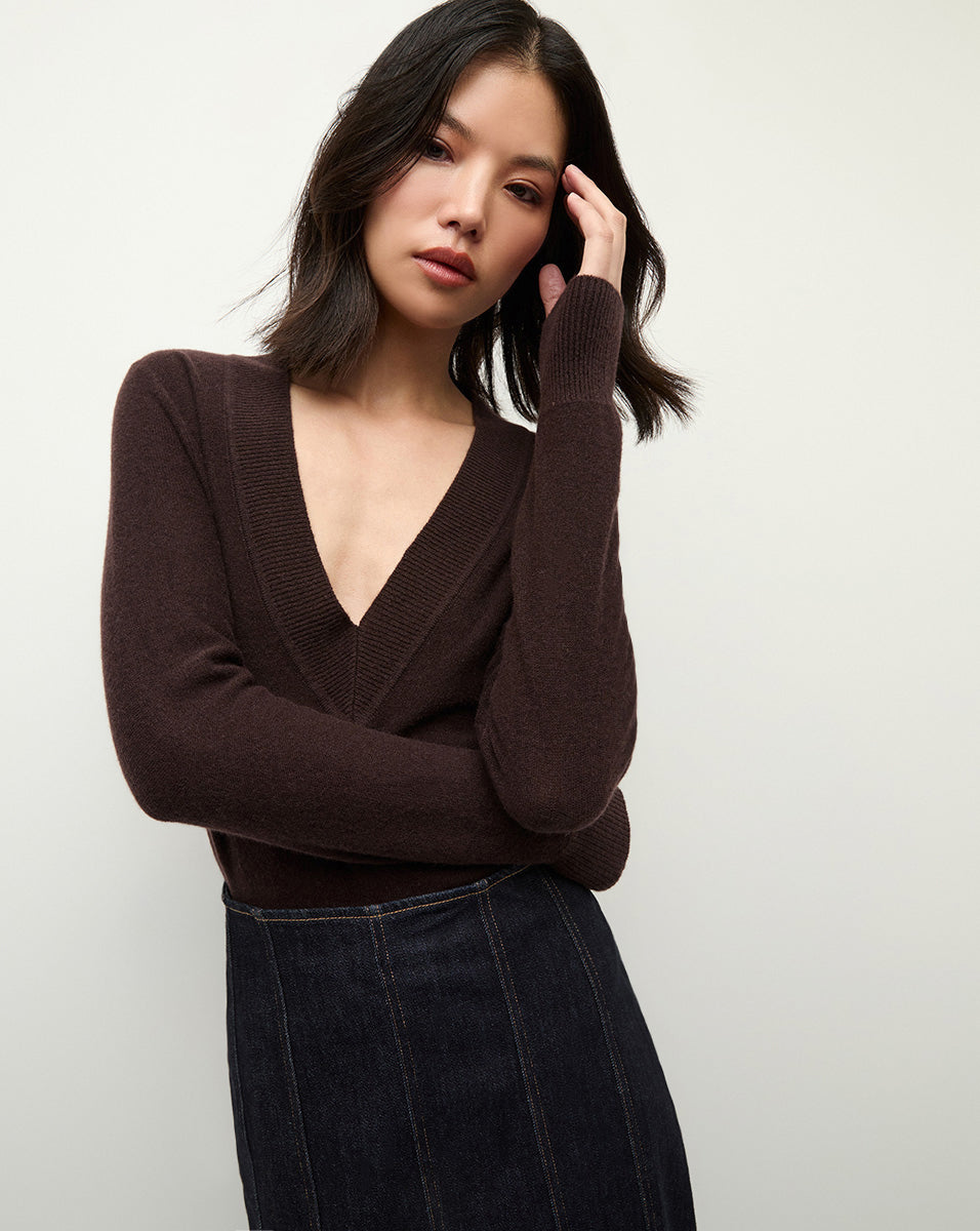 Veronica Beard Coleta V-Neck Cashmere Sweater - Dark Chocolate