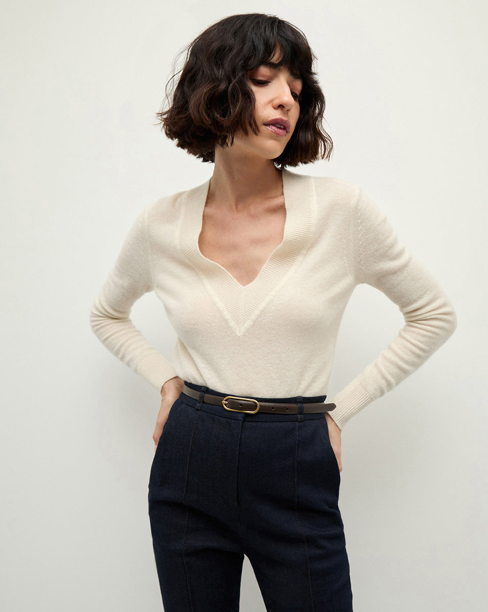 Coleta V-Neck Cashmere Sweater in Ivory | Veronica Beard