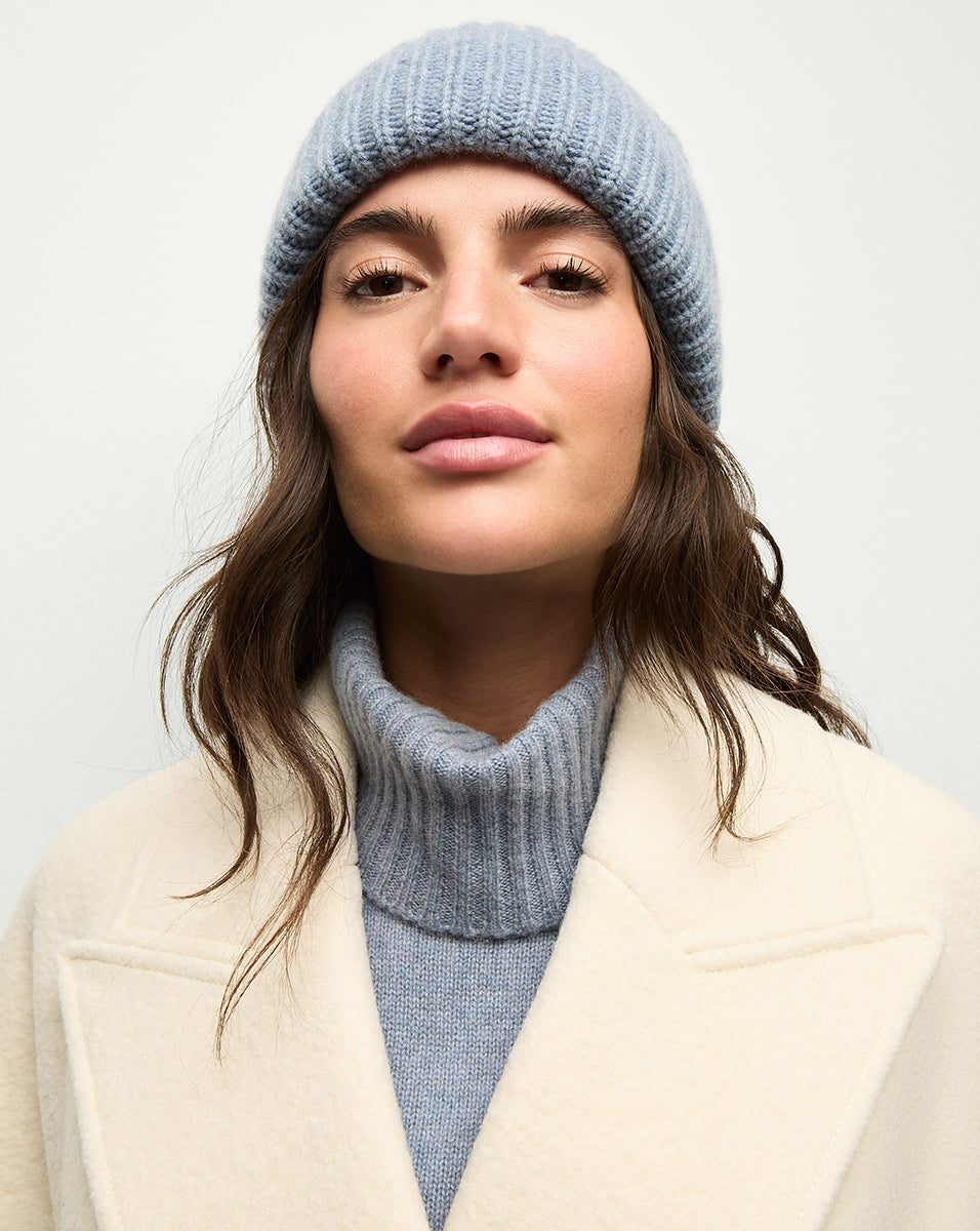 Cashmere Foldover Beanie in Smoke Blue | Veronica Beard