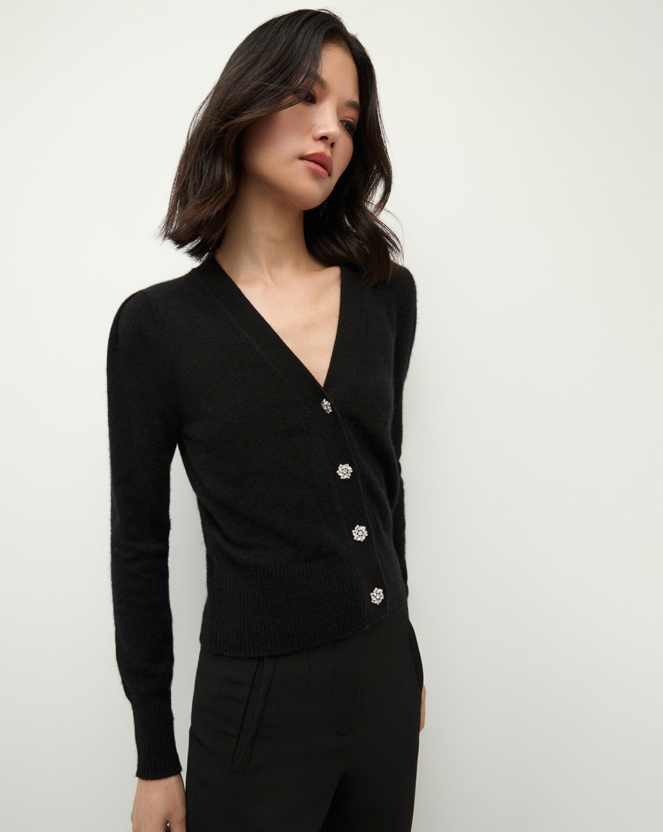 Solene Rhinestone-Button Cashmere Cardigan in Black | Veronica Beard